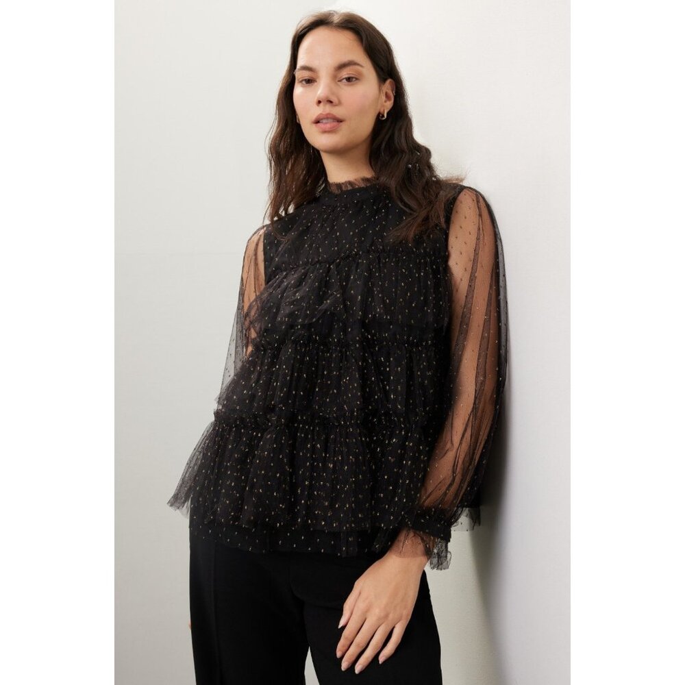 Adam Lippes Size 6  Black Gold Tiered Ruffle Blouse Top Shirt Long Sleeve